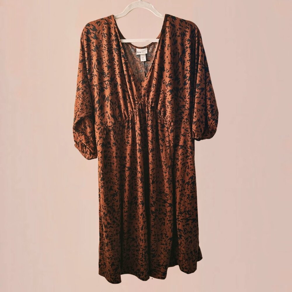 NWT Ava & Viv Brown Black Floral Empire Waist Midi Dress Dolman Sleeve | XXL